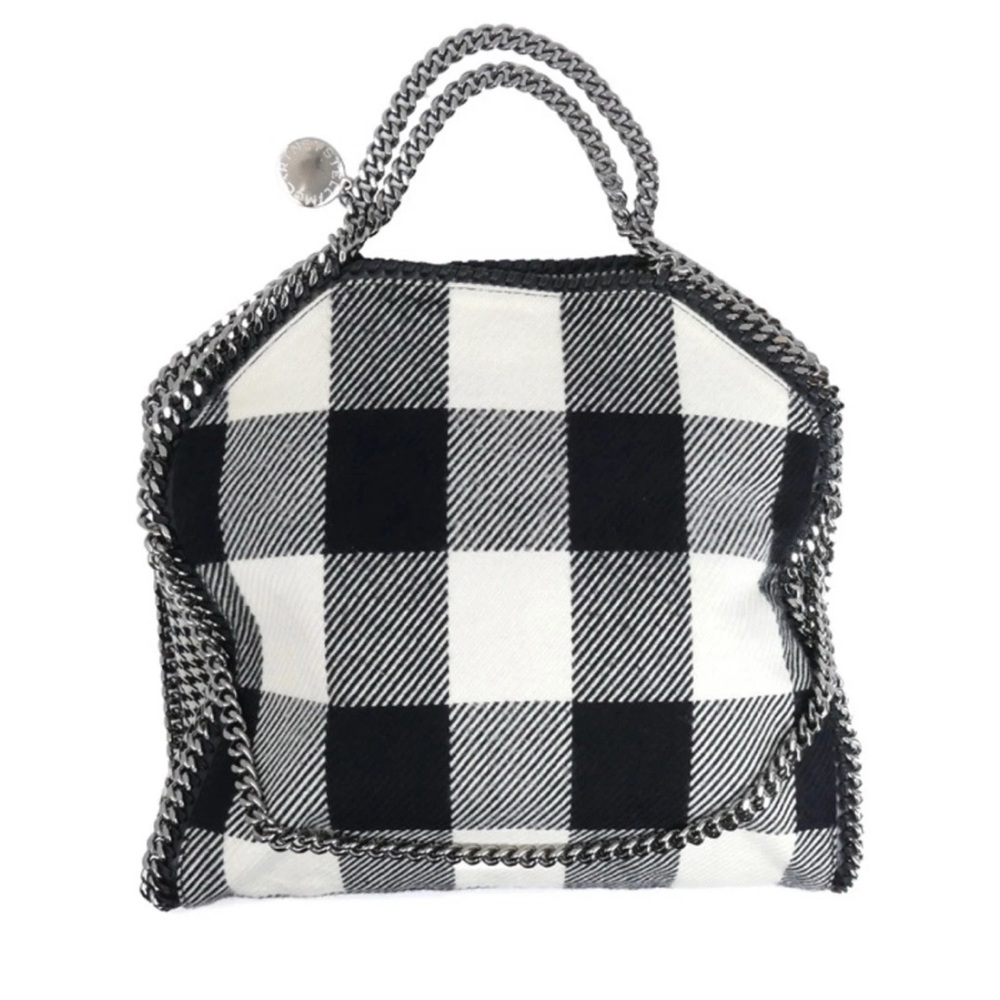 STELLA MCCARTNEY Wool Falabella 2Way Bag Hand Bag Black White Plaid